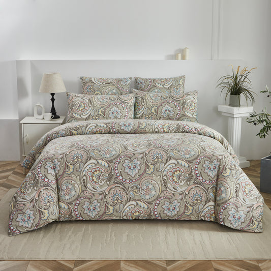 Muted Multicolor Paisley Custom Cotton Bedding Set Hidden Button Closure Inner Corner Ties Custom Size Bed Sheets