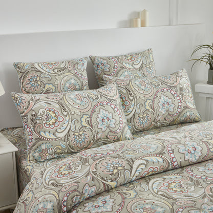 Muted Multicolor Paisley Custom Cotton Bedding Set Hidden Button Closure Inner Corner Ties Custom Size Bed Sheets