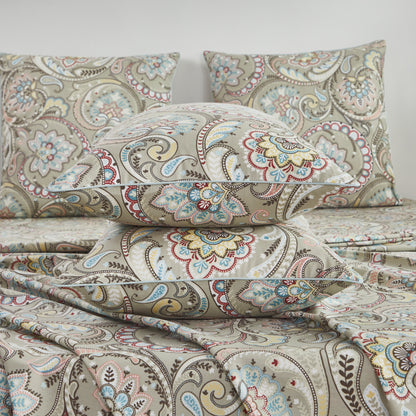 Muted Multicolor Paisley Custom Cotton Bedding Set Hidden Button Closure Inner Corner Ties Custom Size Bed Sheets