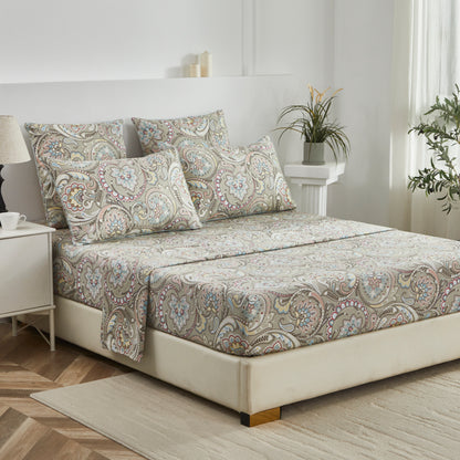 Muted Multicolor Paisley Custom Cotton Bedding Set Hidden Button Closure Inner Corner Ties Custom Size Bed Sheets