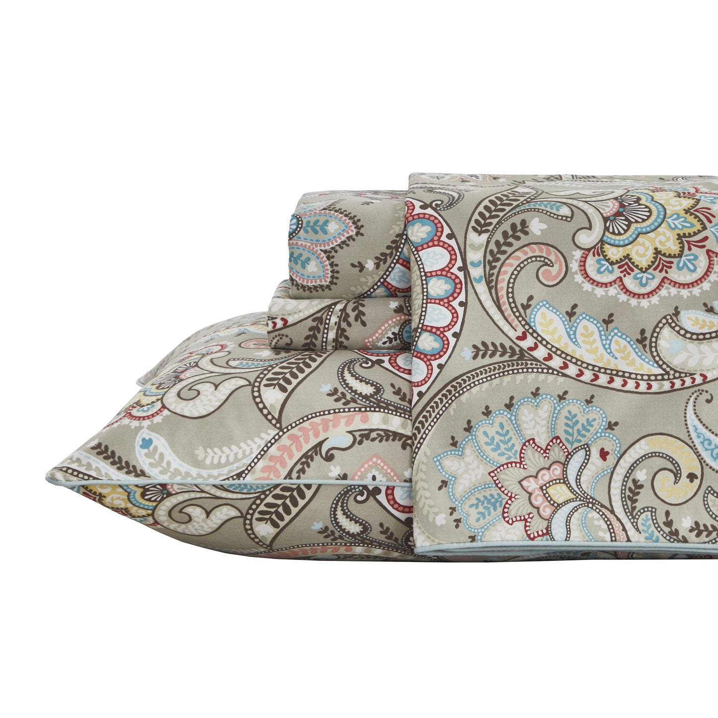 Muted Multicolor Paisley Custom Cotton Bedding Set Hidden Button Closure Inner Corner Ties Custom Size Bed Sheets