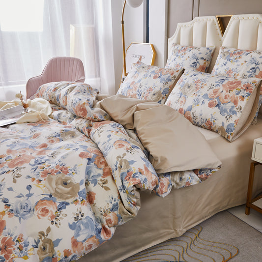 Watercolor Pink Blue Rose Custom Cotton Bedding Set  Hidden Button Closure Inner Corner Ties Custom Size Bed Sheets