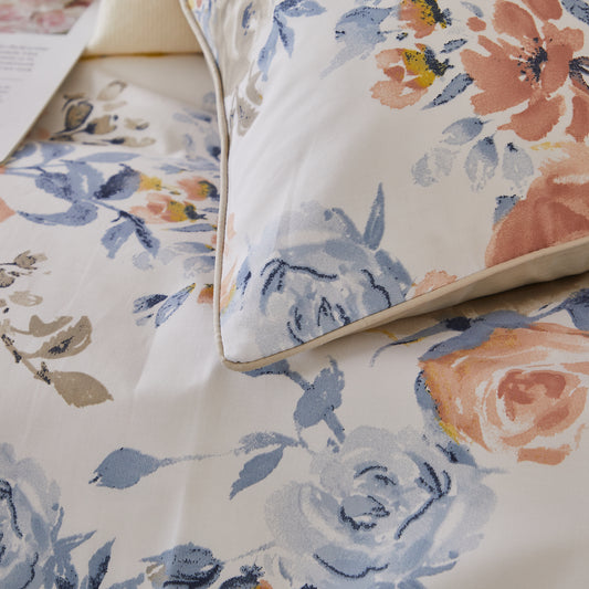Watercolor Pink Blue Rose Custom Cotton Bedding Set  Hidden Button Closure Inner Corner Ties Custom Size Bed Sheets