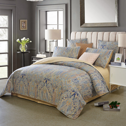 Vintage Paisley Custom Cotton Bedding Set Hidden Button Closure Inner Corner Ties Custom Size Bed Sheets