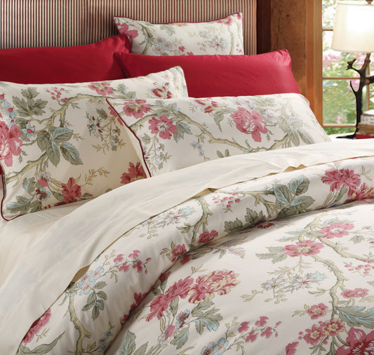 Vintage Pink Floral Cotton Bedding Set Custom Printed Farmhouse Style Duvet Cover Set with Red Trim