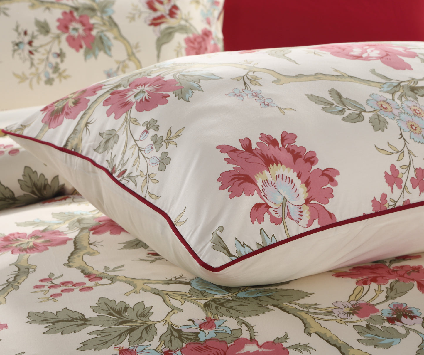 Vintage Pink Floral Cotton Bedding Set Custom Printed Farmhouse Style Duvet Cover Set with Red Trim