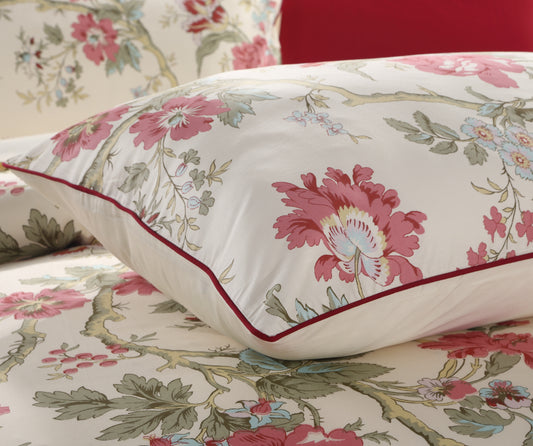 Vintage Pink Floral Cotton Bedding Set Custom Printed Farmhouse Style Duvet Cover Set with Red Trim