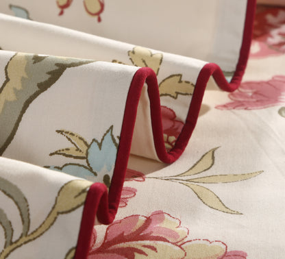 Vintage Pink Floral Cotton Bedding Set Custom Printed Farmhouse Style Duvet Cover Set with Red Trim