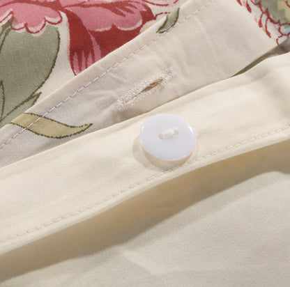 Vintage Pink Floral Cotton Bedding Set Custom Printed Farmhouse Style Duvet Cover Set with Red Trim