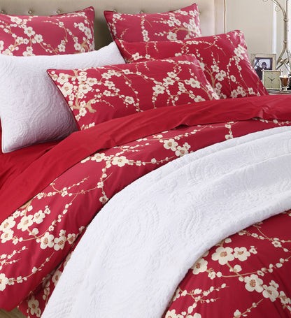 Custom Red Plum Blossom Floral Bedding Set Oriental Chinese Style Duvet Cover Set With Solid Red Bed Sheet