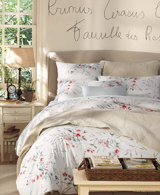 Fresh Ink Floral Bird Custom Size Bed Sheet Linen Set Hidden Button Closure Inner Corner Ties Custom Size Bed Sheets