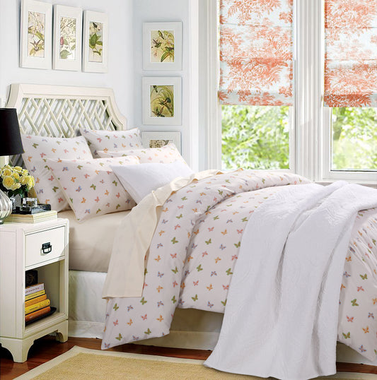 Pastel Color Butterfly Cotton Bedding Set Hidden Button Closure Inner Corner Ties Custom Size