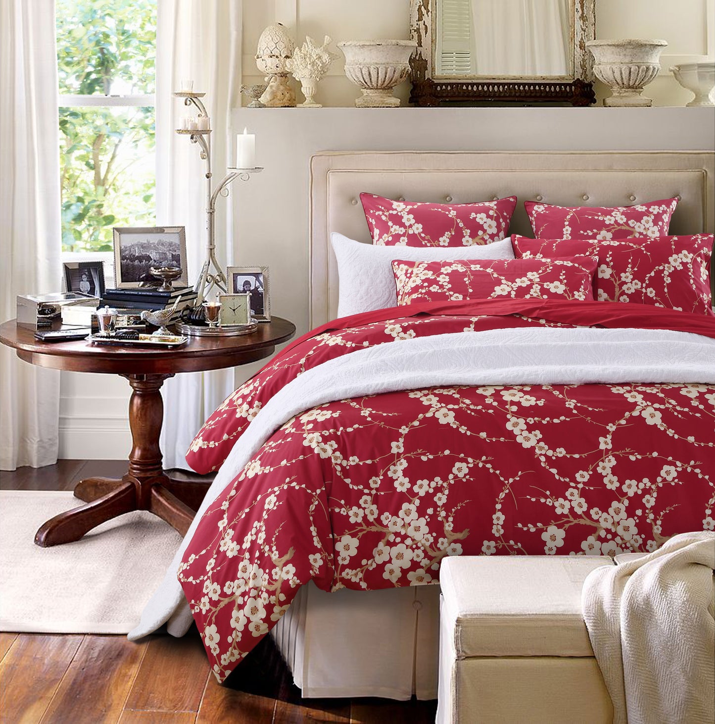 Custom Red Plum Blossom Floral Bedding Set Oriental Chinese Style Duvet Cover Set With Solid Red Bed Sheet