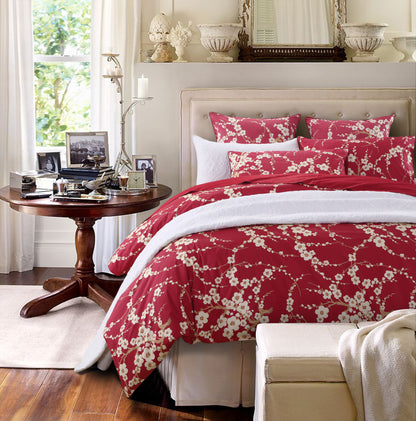Custom Red Plum Blossom Floral Bedding Set Oriental Chinese Style Duvet Cover Set With Solid Red Bed Sheet