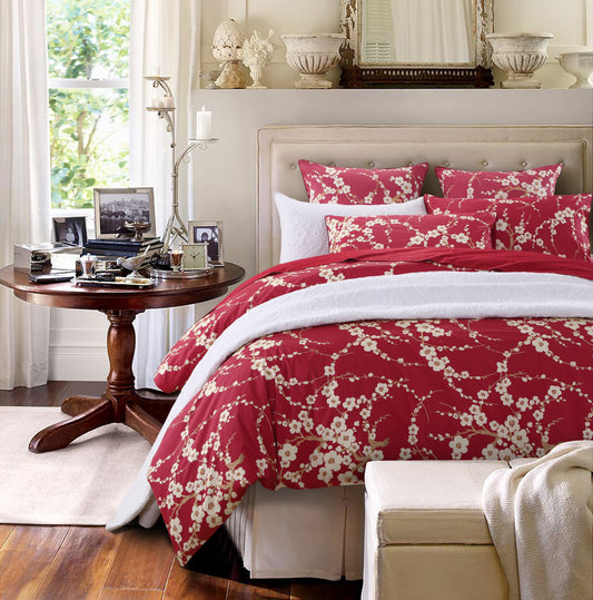 Custom Red Plum Blossom Floral Bedding Set Oriental Chinese Style Duvet Cover Set With Solid Red Bed Sheet