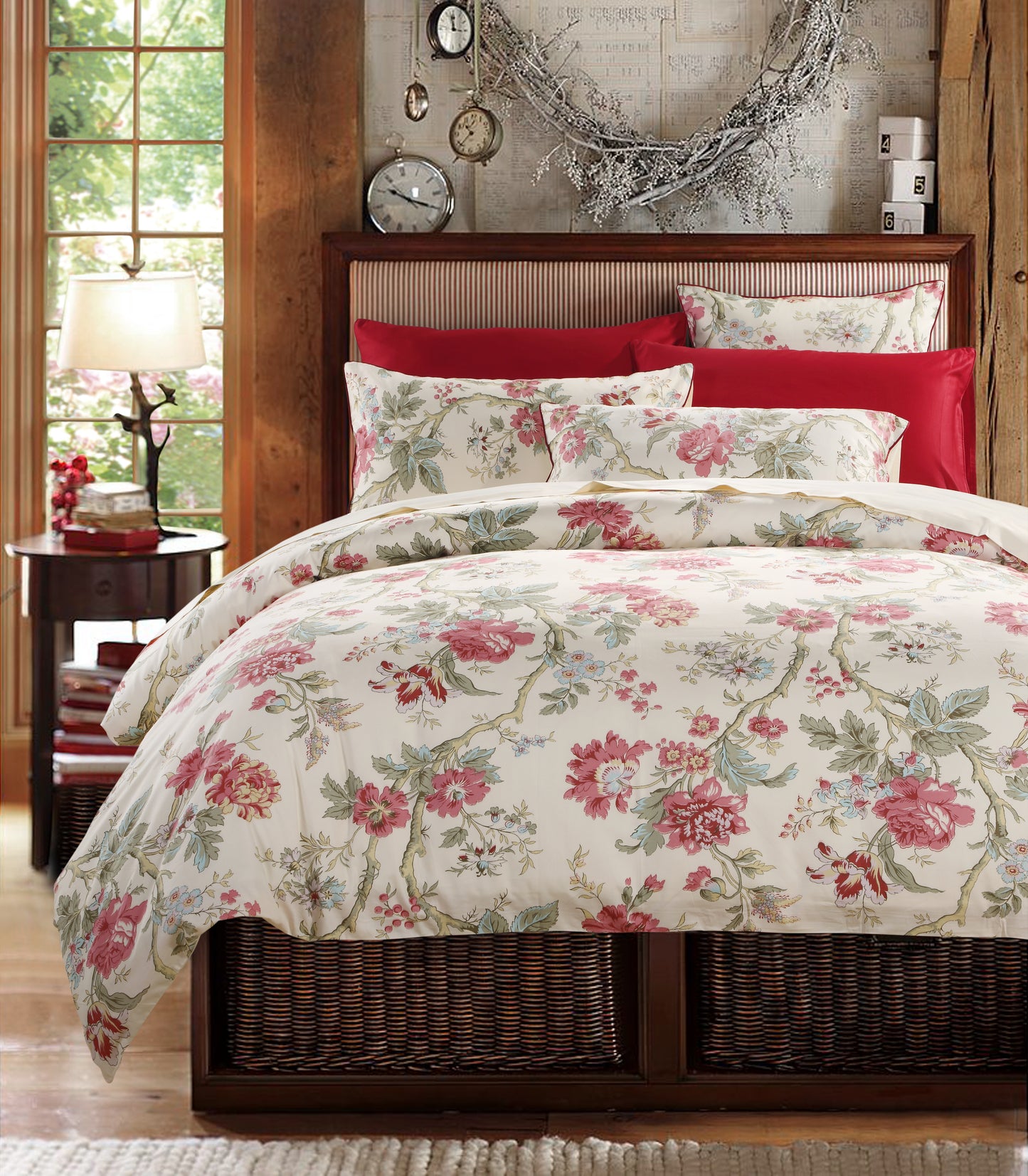 Vintage Pink Floral Cotton Bedding Set Custom Printed Farmhouse Style Duvet Cover Set with Red Trim