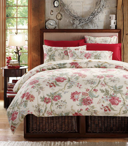 Vintage Pink Floral Cotton Bedding Set Custom Printed Farmhouse Style Duvet Cover Set with Red Trim